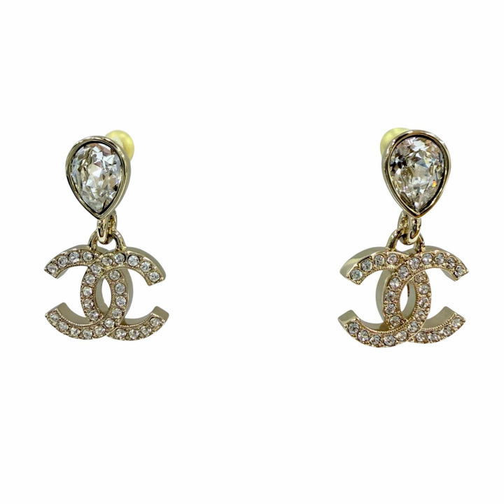 Excellent CHANEL Pierce COCO Mark Crystal Bijou Teardrop-Shaped gold I25A