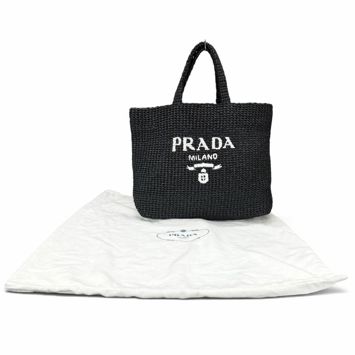 Excellent PRADA Tote Bag Crochet Tote Bag Triangle logo black Raffia 1BG392