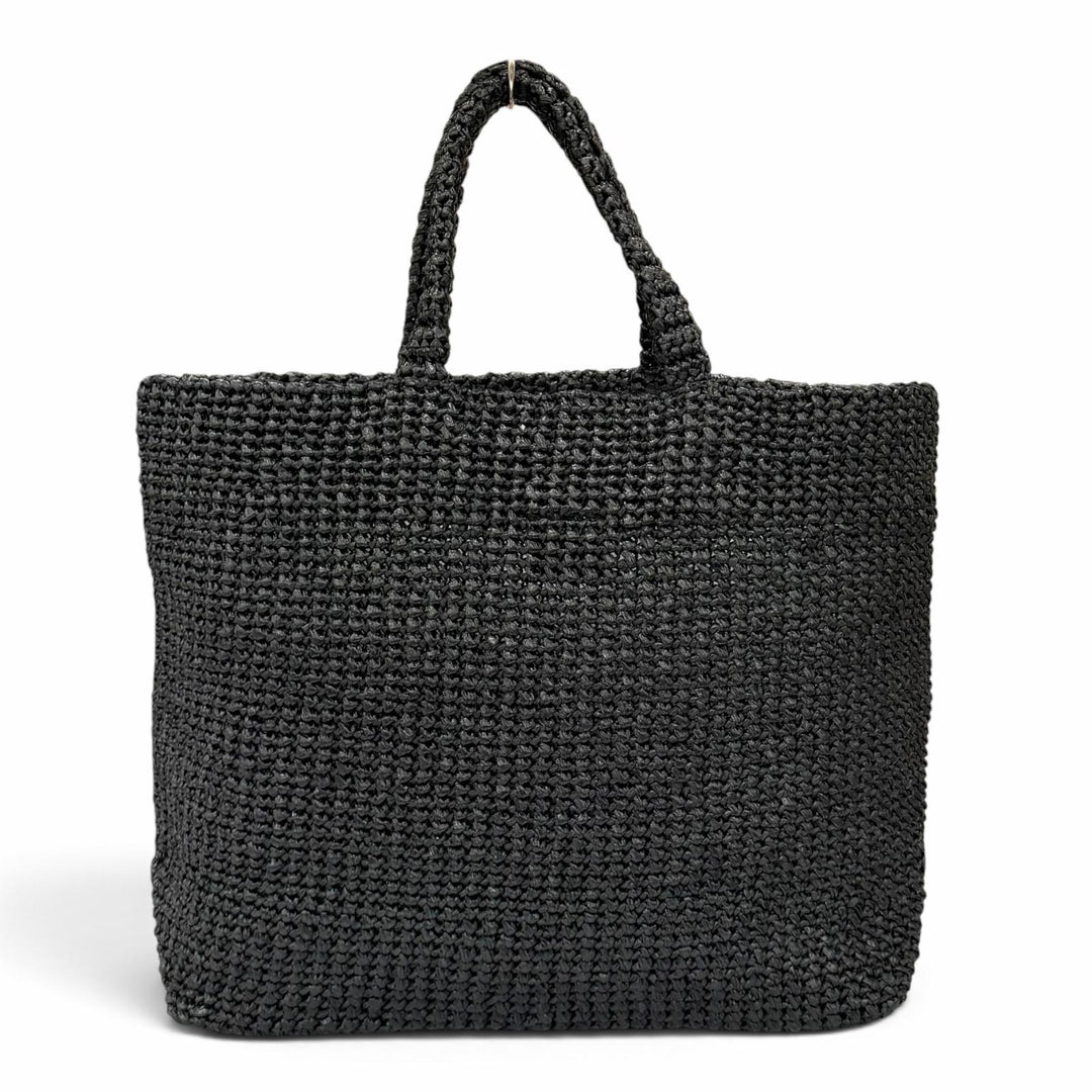 Excellent PRADA Tote Bag Crochet Tote Bag Triangle logo black Raffia 1BG392