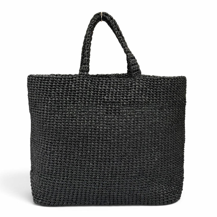 Excellent PRADA Tote Bag Crochet Tote Bag Triangle logo black Raffia 1BG392