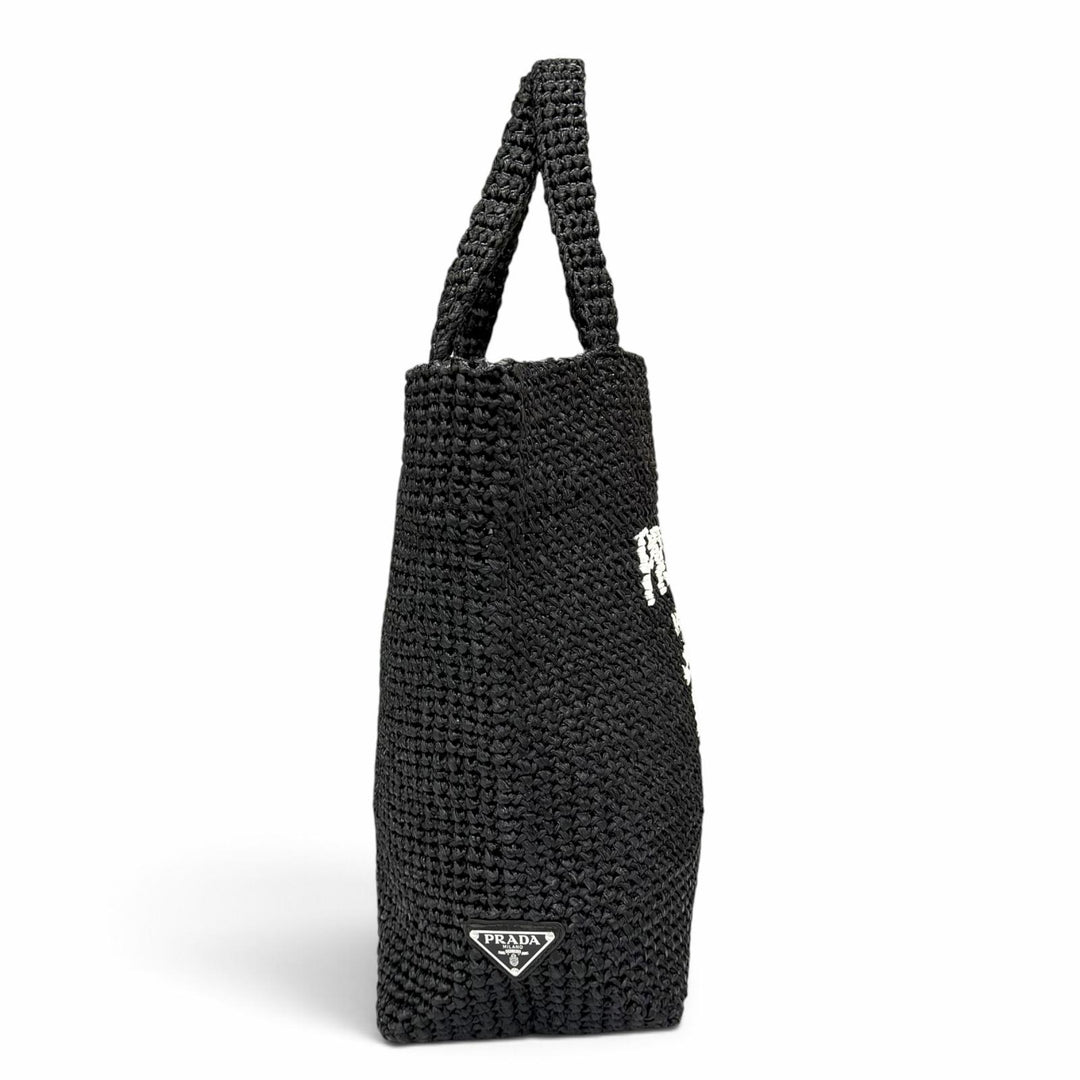 Excellent PRADA Tote Bag Crochet Tote Bag Triangle logo black Raffia 1BG392