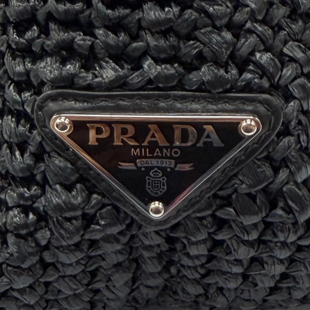Excellent PRADA Tote Bag Crochet Tote Bag Triangle logo black Raffia 1BG392