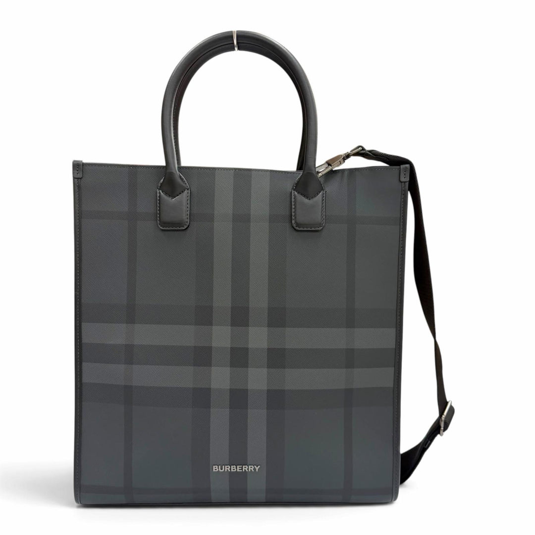 Great BURBERRY Tote Bag Check Denim Vertical 2WAY Black series 8062951