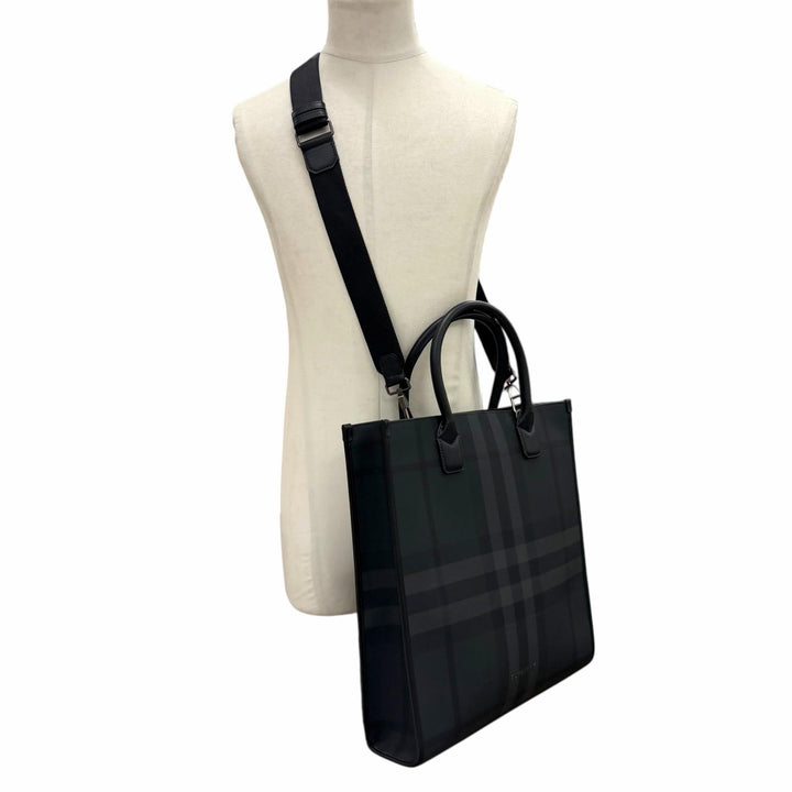 Great BURBERRY Tote Bag Check Denim Vertical 2WAY Black series 8062951