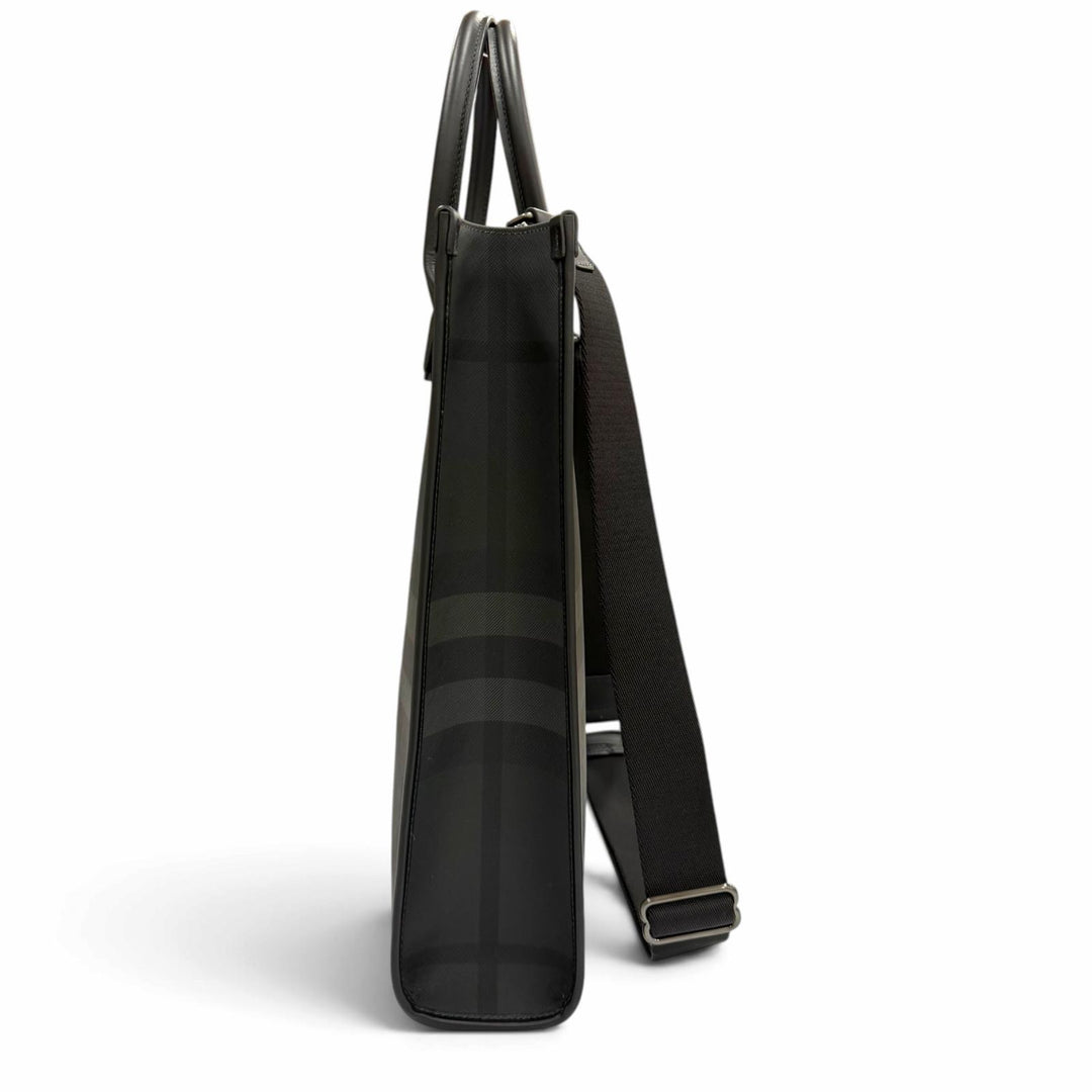 Great BURBERRY Tote Bag Check Denim Vertical 2WAY Black series 8062951