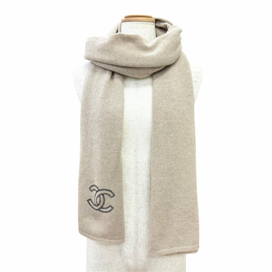 Excellent CHANEL Scarf 25Cruise COCO Mark Large Stole Shawl beige cashmere Women
