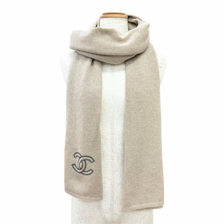 Excellent CHANEL Scarf 25Cruise COCO Mark Large Stole Shawl beige cashmere Women