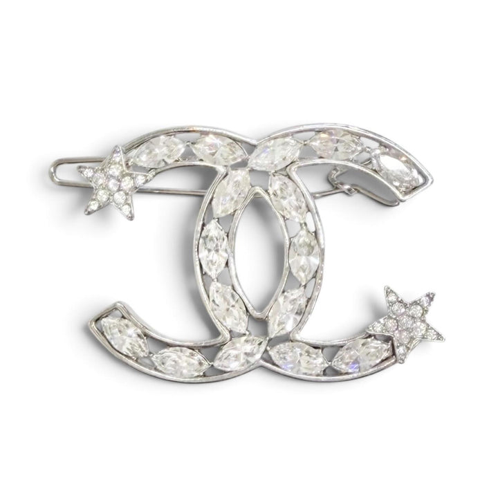 Excellent CHANEL COCO Mark Star Rhinestone Hair Clip Barrette Silver B20P