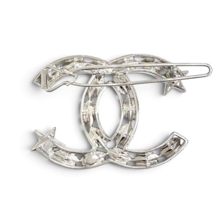 Excellent CHANEL COCO Mark Star Rhinestone Hair Clip Barrette Silver B20P