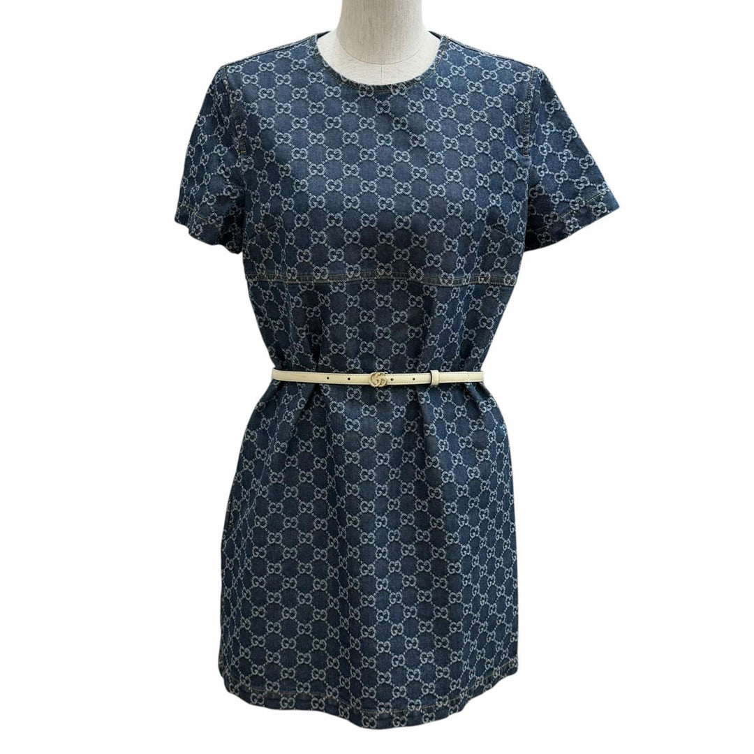 Pristine GUCCI one piece Belted GG Jacquard Denim Dress Indigo cotton 42 818219