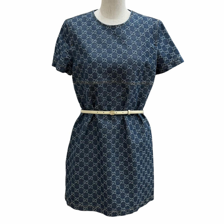 Pristine GUCCI one piece Belted GG Jacquard Denim Dress Indigo cotton 42 818219