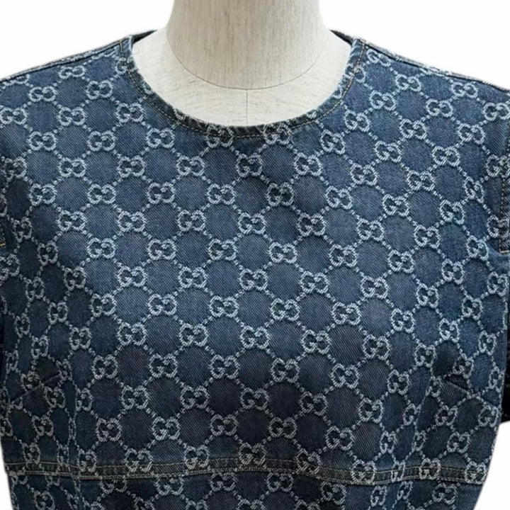 Pristine GUCCI one piece Belted GG Jacquard Denim Dress Indigo cotton 42 818219