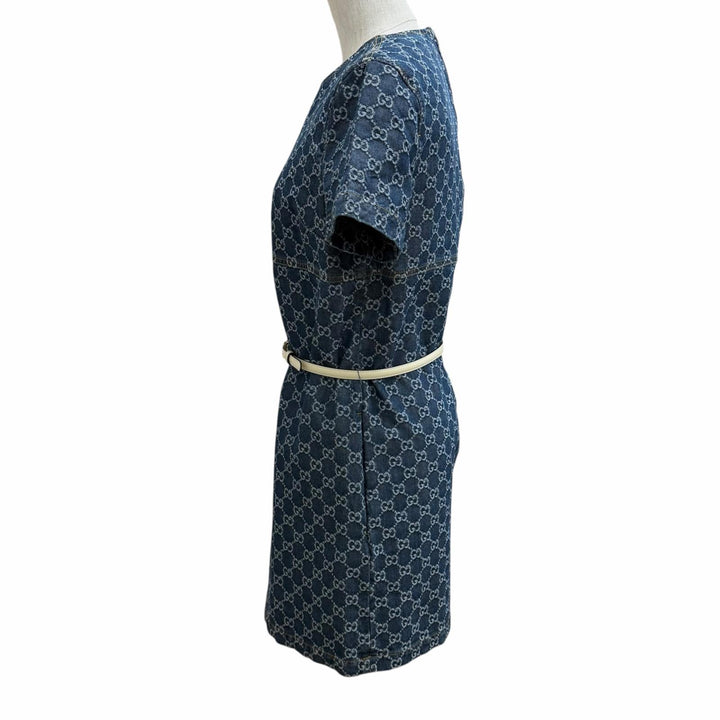 Pristine GUCCI one piece Belted GG Jacquard Denim Dress Indigo cotton 42 818219