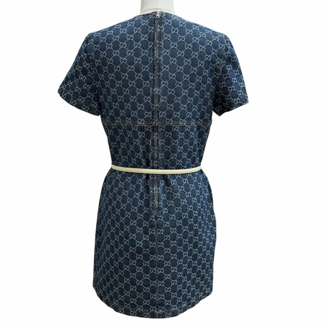 Pristine GUCCI one piece Belted GG Jacquard Denim Dress Indigo cotton 42 818219