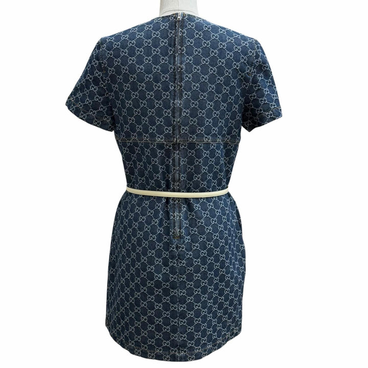 Pristine GUCCI one piece Belted GG Jacquard Denim Dress Indigo cotton 42 818219