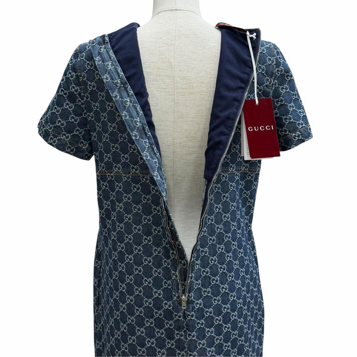 Pristine GUCCI one piece Belted GG Jacquard Denim Dress Indigo cotton 42 818219