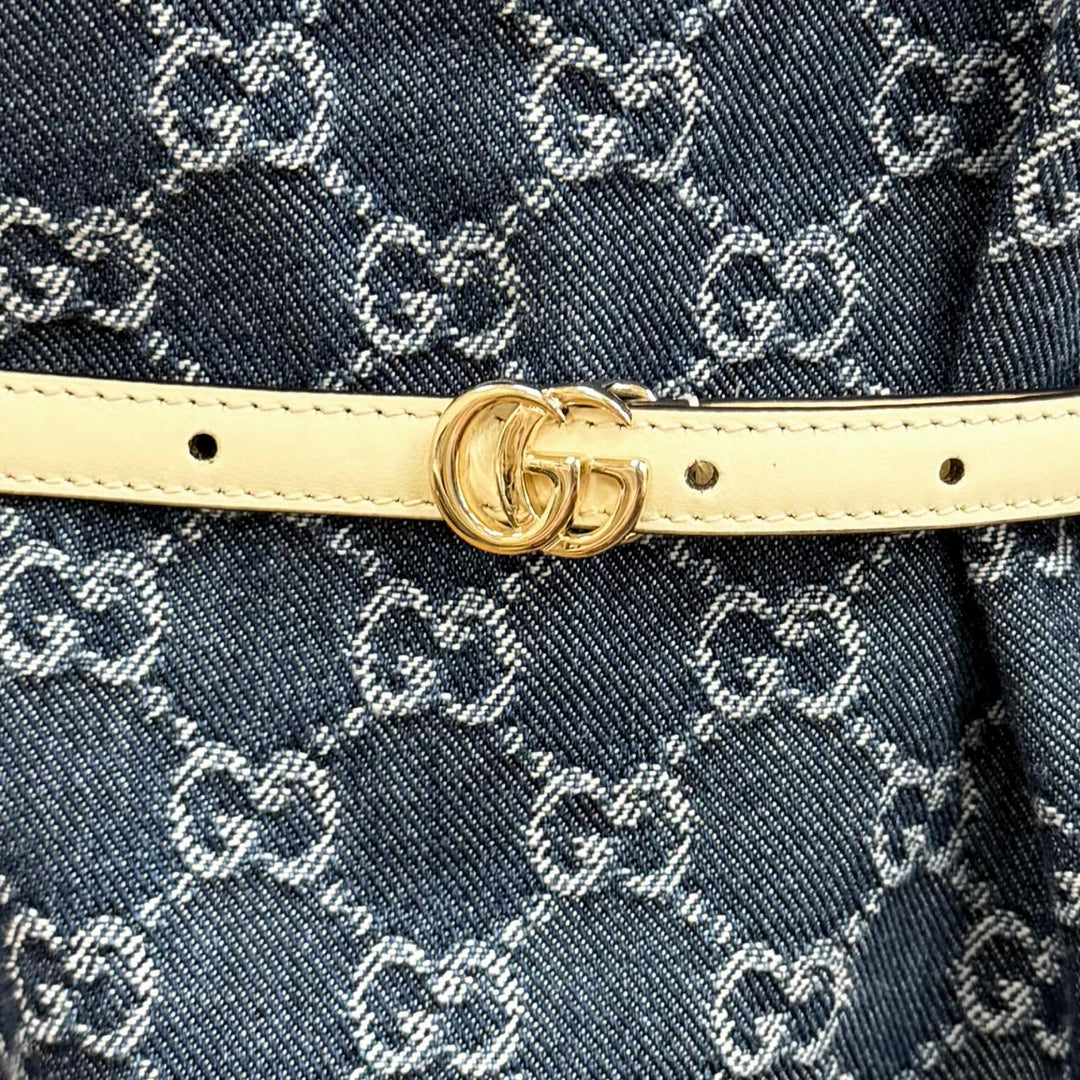 Pristine GUCCI one piece Belted GG Jacquard Denim Dress Indigo cotton 42 818219