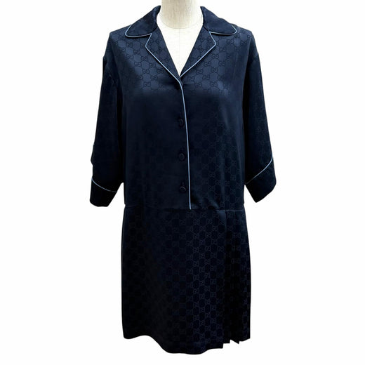 Pristine GUCCI one piece GG Supreme Side Pleated Shirt Navy Rayon 36 809185