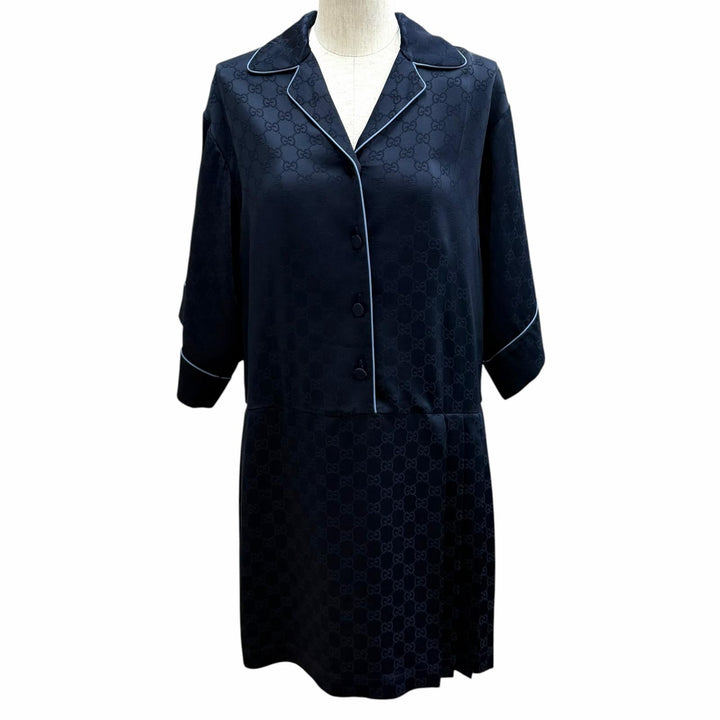 Pristine GUCCI one piece GG Supreme Side Pleated Shirt Navy Rayon 36 809185