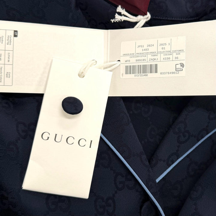 Pristine GUCCI one piece GG Supreme Side Pleated Shirt Navy Rayon 36 809185