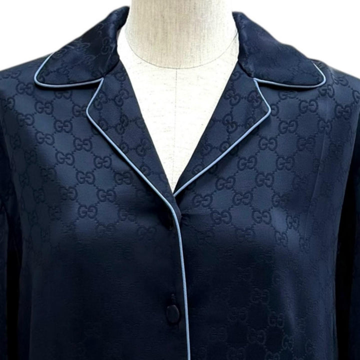 Pristine GUCCI one piece GG Supreme Side Pleated Shirt Navy Rayon 36 809185