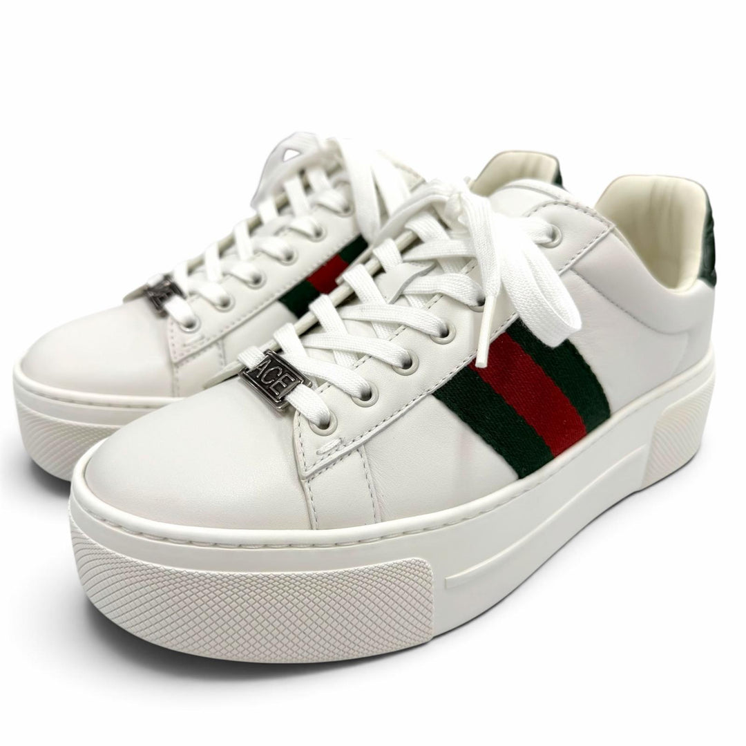 Pristine GUCCI Low cut sneakers Ace Web stripe platform leather white 35 791399