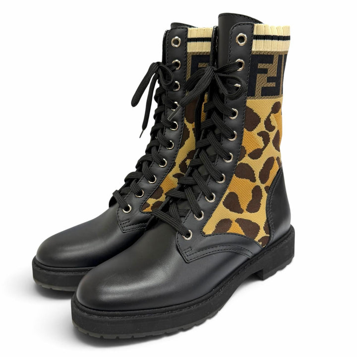 Great FENDI short boots Rococo ZUCCA Leopard Pattern Lace-Up Leather Knit 35