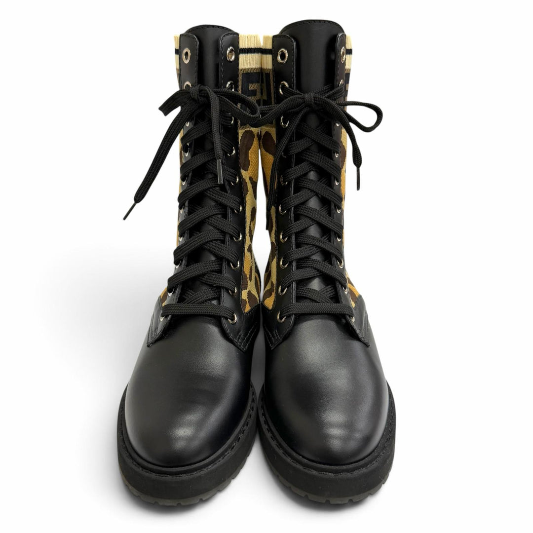 Great FENDI short boots Rococo ZUCCA Leopard Pattern Lace-Up Leather Knit 35
