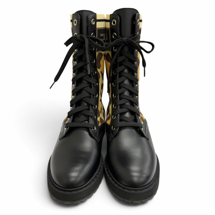 Great FENDI short boots Rococo ZUCCA Leopard Pattern Lace-Up Leather Knit 35