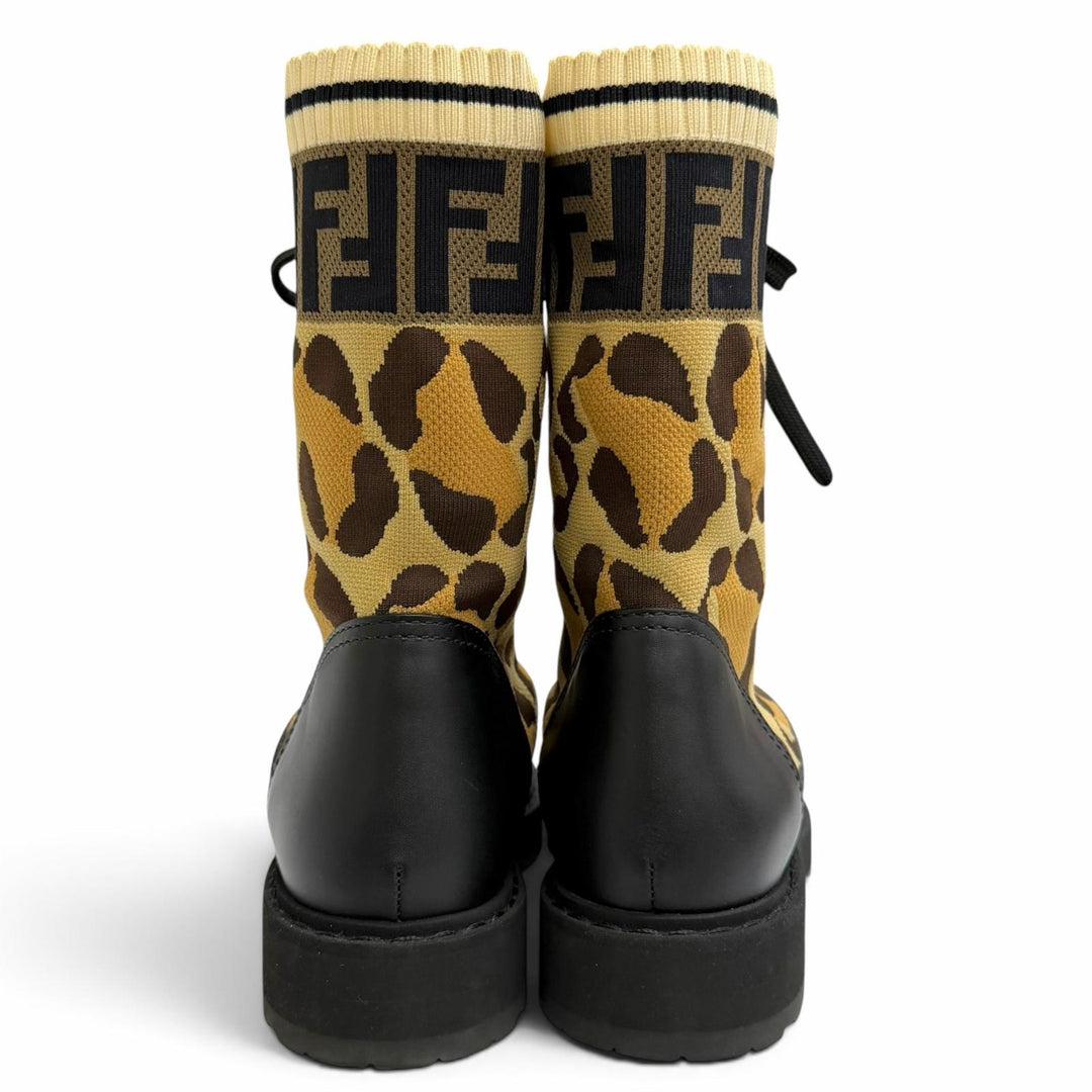 Great FENDI short boots Rococo ZUCCA Leopard Pattern Lace-Up Leather Knit 35