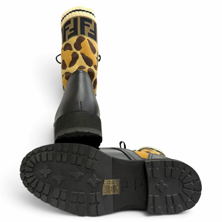 Great FENDI short boots Rococo ZUCCA Leopard Pattern Lace-Up Leather Knit 35