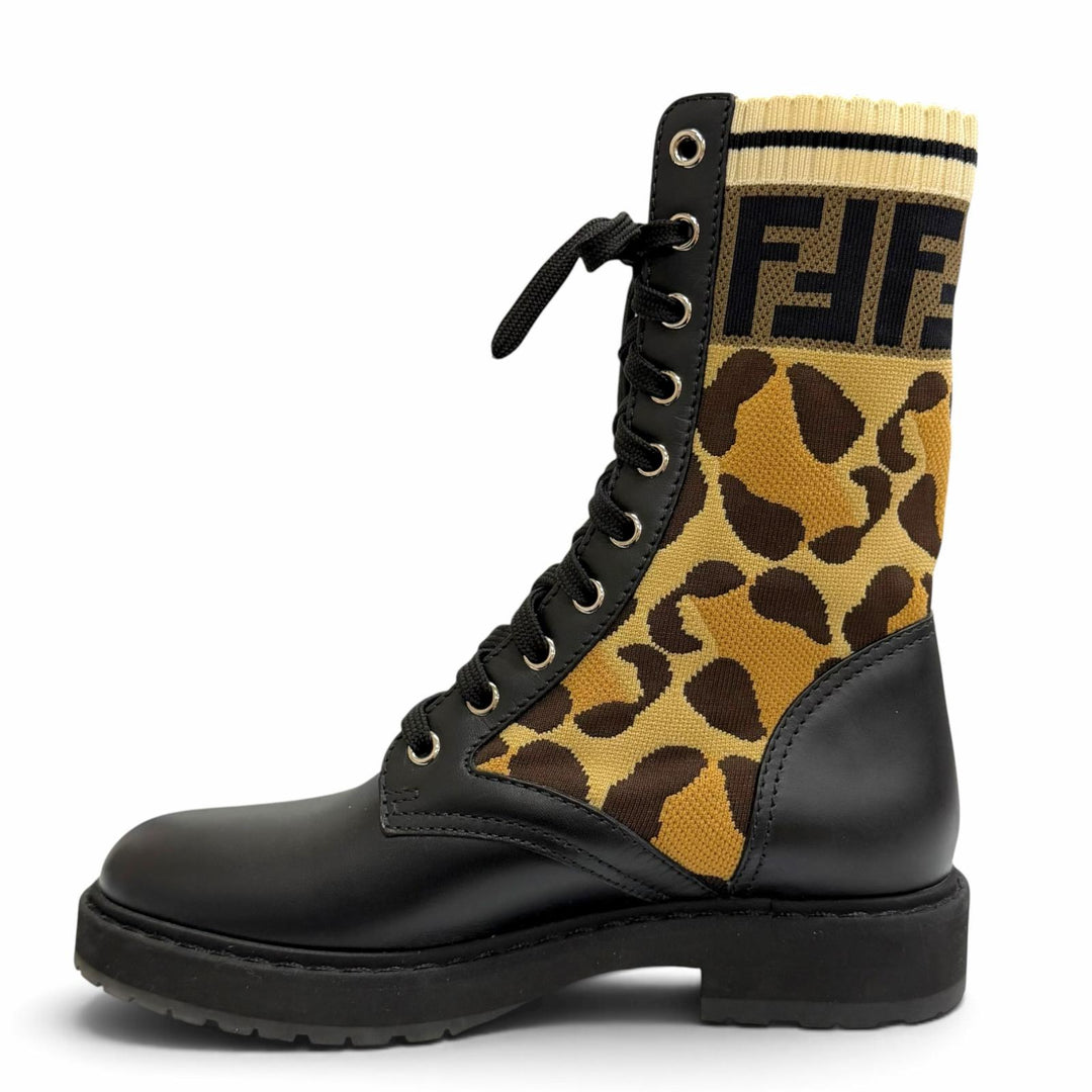 Great FENDI short boots Rococo ZUCCA Leopard Pattern Lace-Up Leather Knit 35