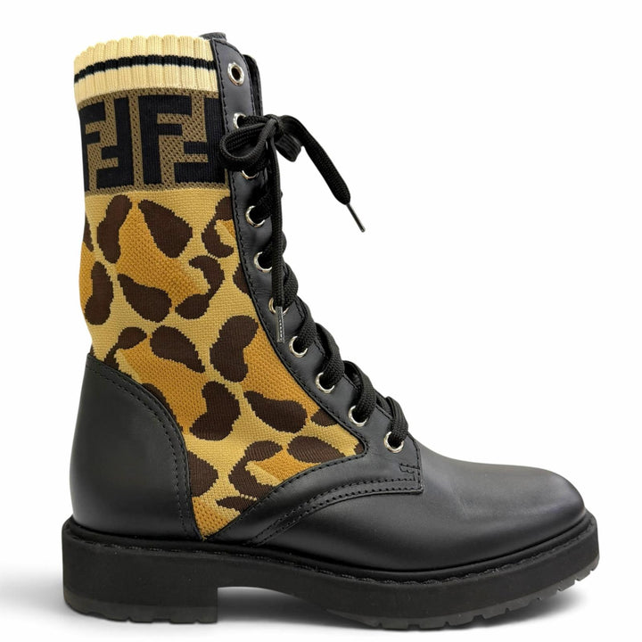 Great FENDI short boots Rococo ZUCCA Leopard Pattern Lace-Up Leather Knit 35