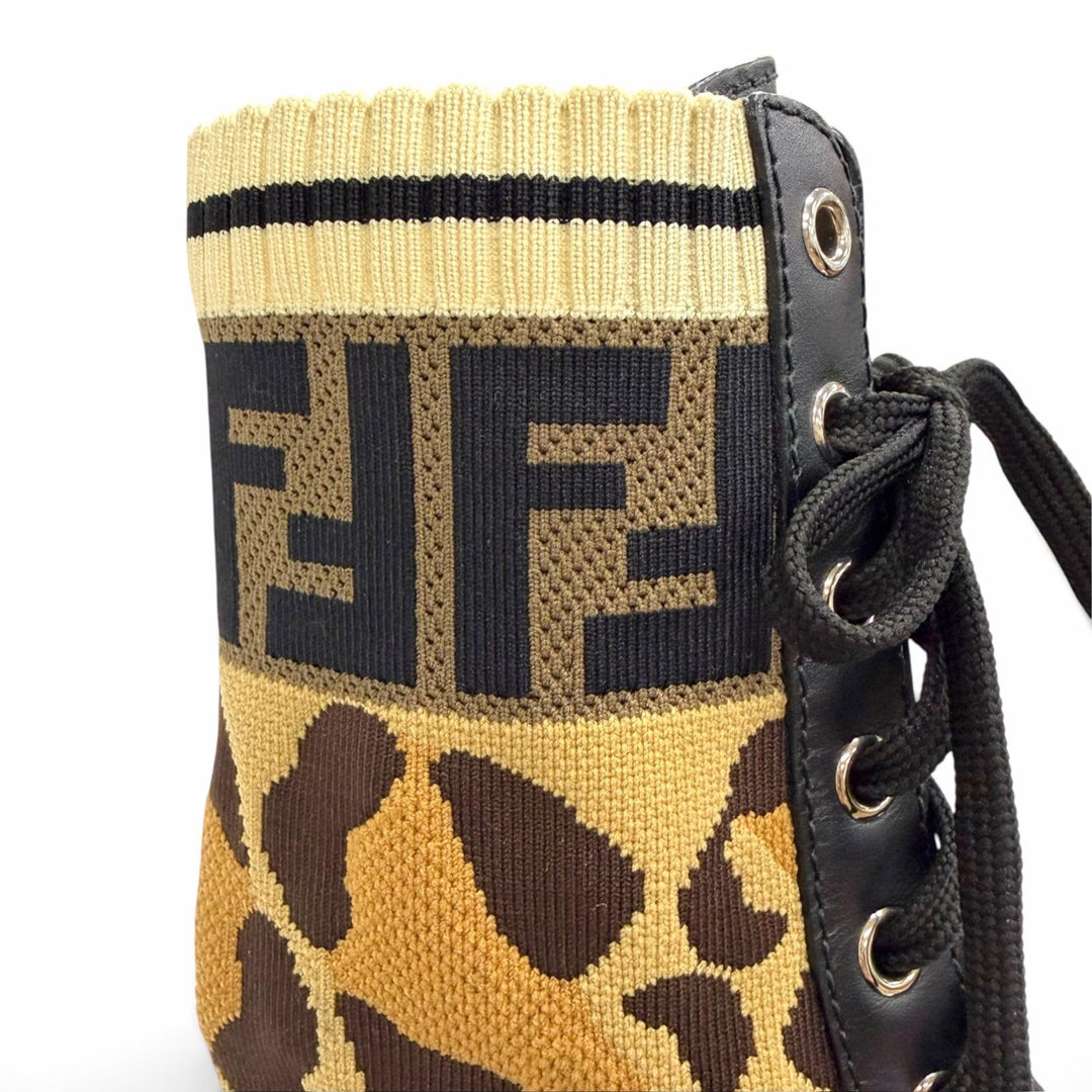 Great FENDI short boots Rococo ZUCCA Leopard Pattern Lace-Up Leather Knit 35