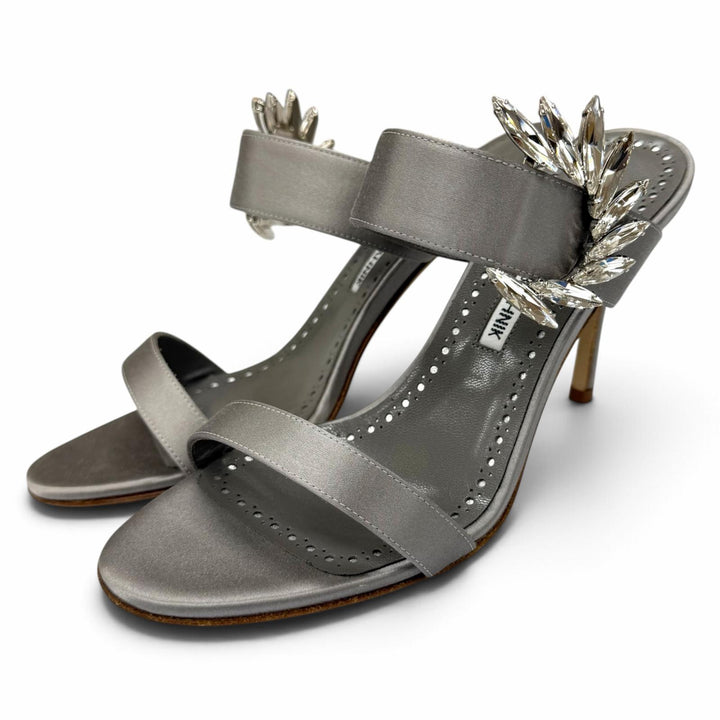 Pristine MANOLO BLAHNIK Sandals Crystal-decorated Satin Stiletto Heels gray 37.5
