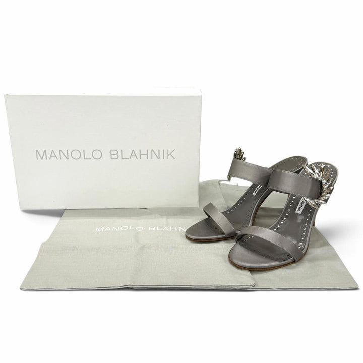 Pristine MANOLO BLAHNIK Sandals Crystal-decorated Satin Stiletto Heels gray 37.5