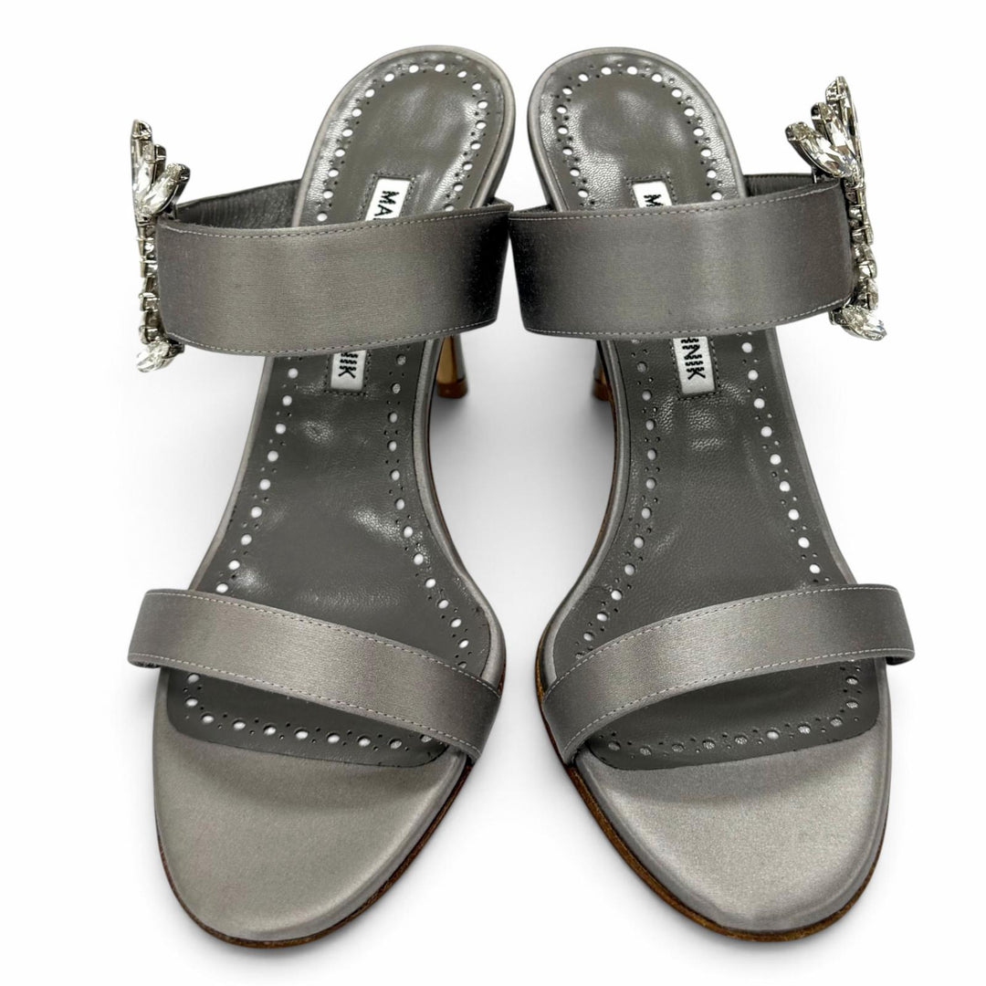 Pristine MANOLO BLAHNIK Sandals Crystal-decorated Satin Stiletto Heels gray 37.5