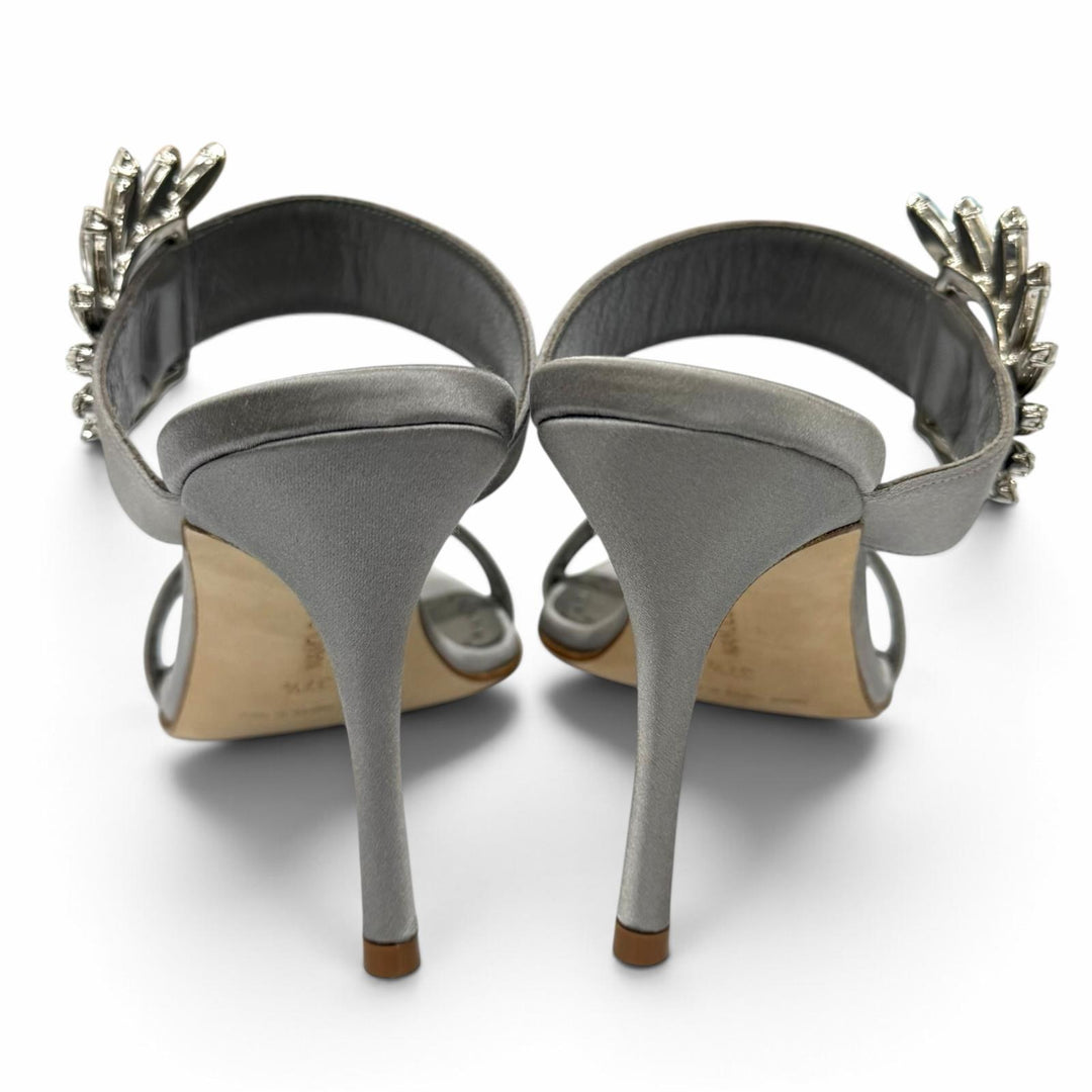 Pristine MANOLO BLAHNIK Sandals Crystal-decorated Satin Stiletto Heels gray 37.5