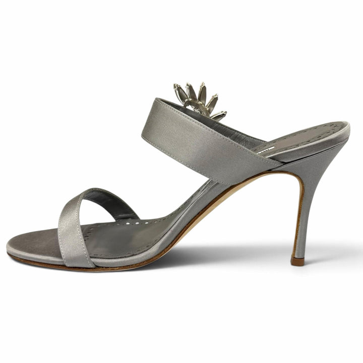 Pristine MANOLO BLAHNIK Sandals Crystal-decorated Satin Stiletto Heels gray 37.5