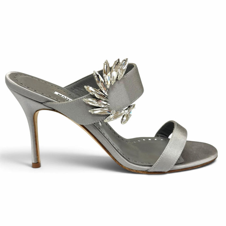 Pristine MANOLO BLAHNIK Sandals Crystal-decorated Satin Stiletto Heels gray 37.5