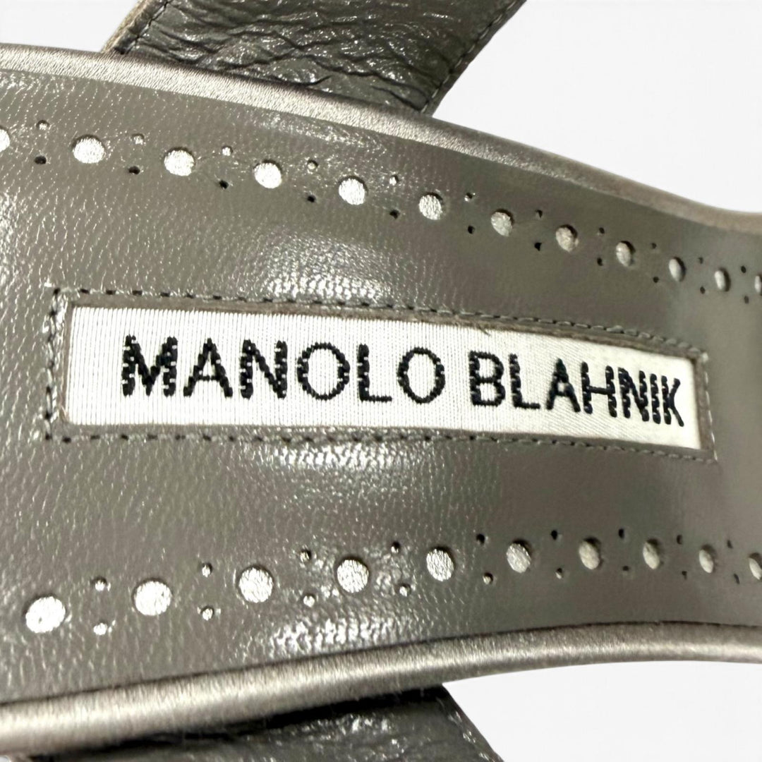 Pristine MANOLO BLAHNIK Sandals Crystal-decorated Satin Stiletto Heels gray 37.5