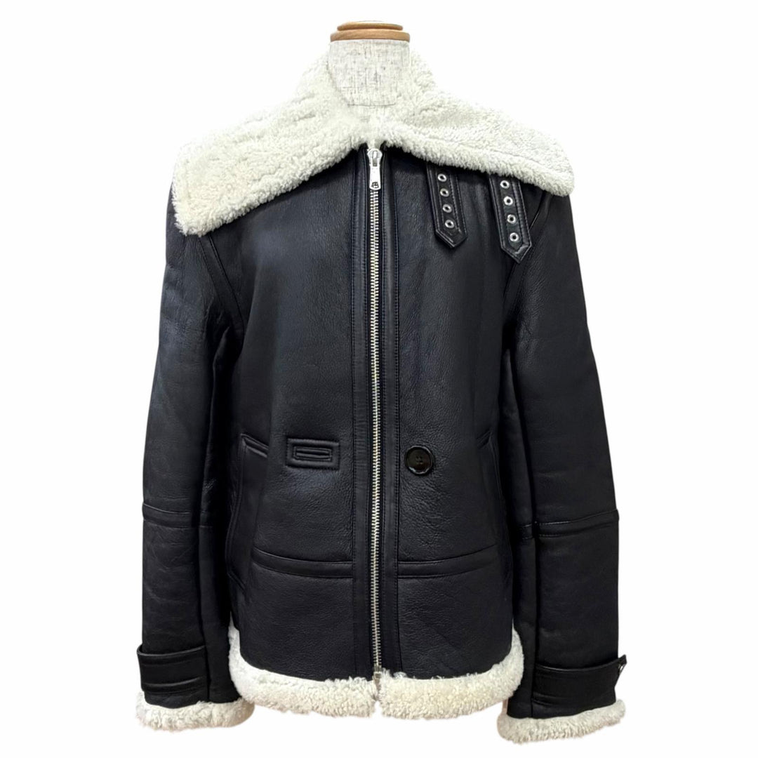 Excellent HELMUT LANG Mouton jacket zip-up bomber jacket black Lamb leather S