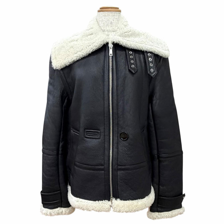 Excellent HELMUT LANG Mouton jacket zip-up bomber jacket black Lamb leather S