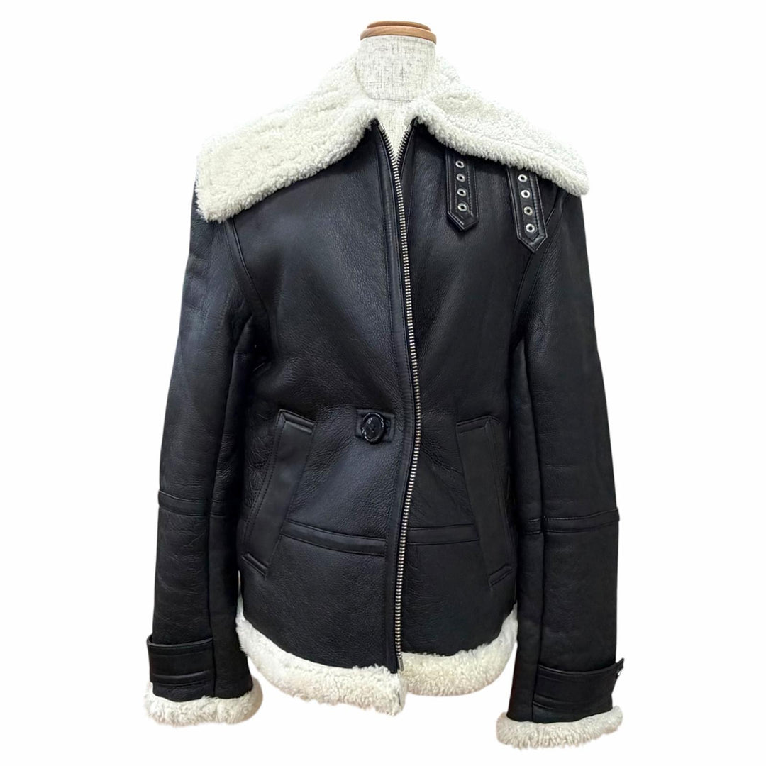 Excellent HELMUT LANG Mouton jacket zip-up bomber jacket black Lamb leather S