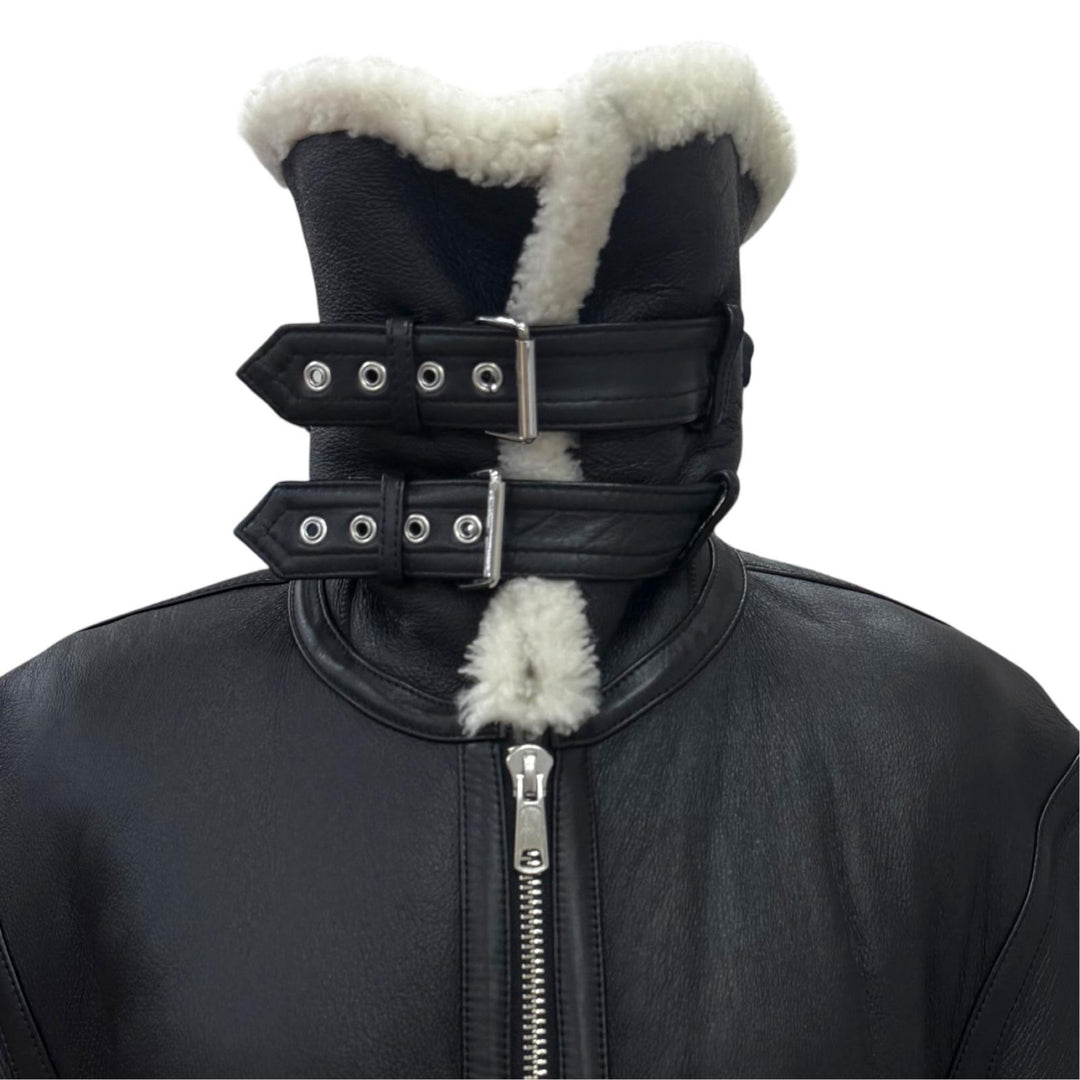 Excellent HELMUT LANG Mouton jacket zip-up bomber jacket black Lamb leather S