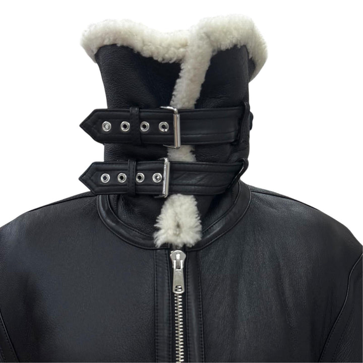 Excellent HELMUT LANG Mouton jacket zip-up bomber jacket black Lamb leather S