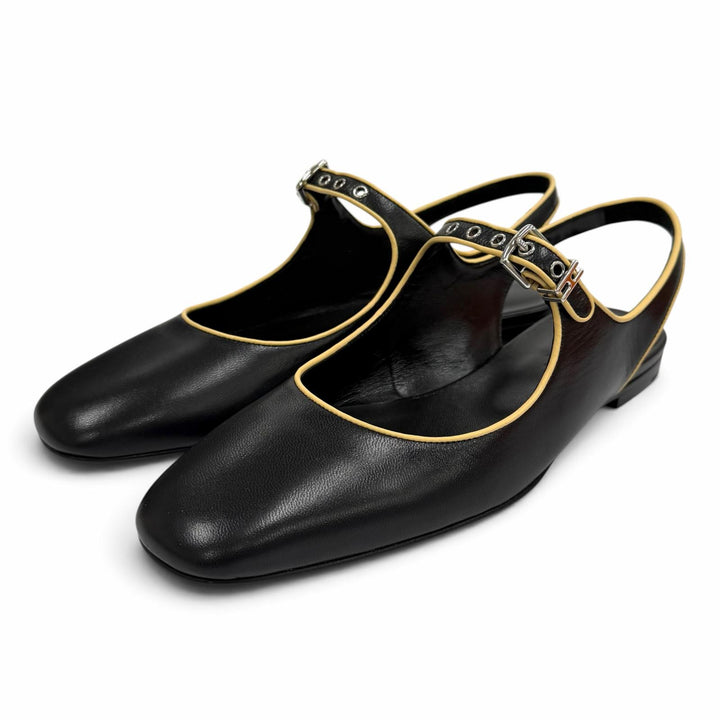 Pristine HERMES Ballet shoes Creo H-buckle square toe leather black leather 37