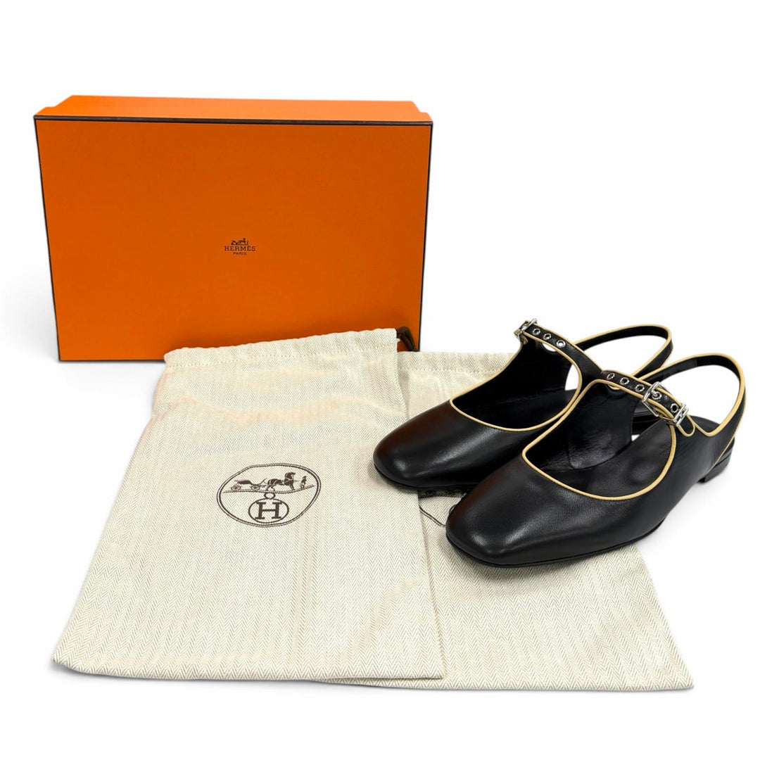 Pristine HERMES Ballet shoes Creo H-buckle square toe leather black leather 37