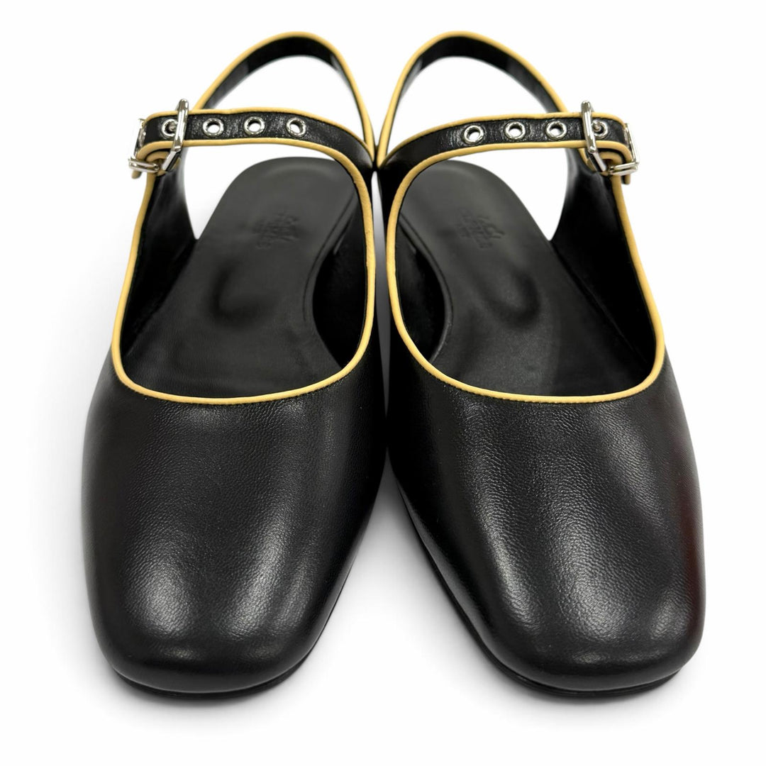Pristine HERMES Ballet shoes Creo H-buckle square toe leather black leather 37