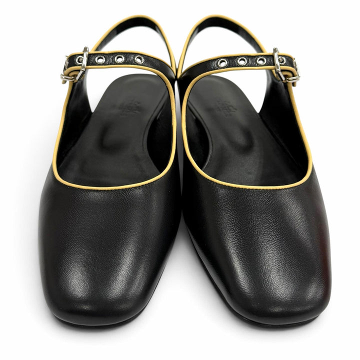 Pristine HERMES Ballet shoes Creo H-buckle square toe leather black leather 37